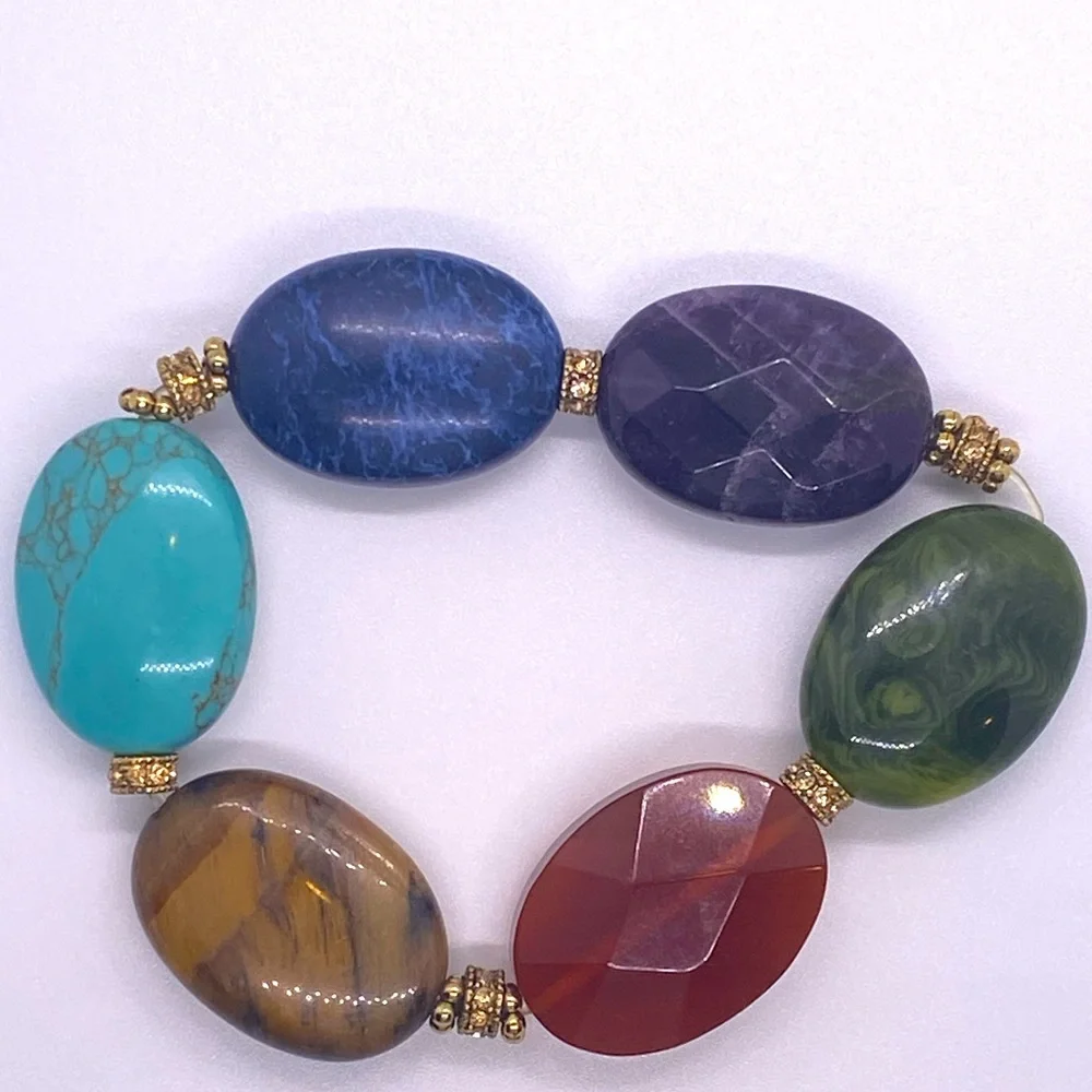 Chunky Stretch Bracelet Faux Marble Stone Gold Toned Purple BlueTurquoise Green